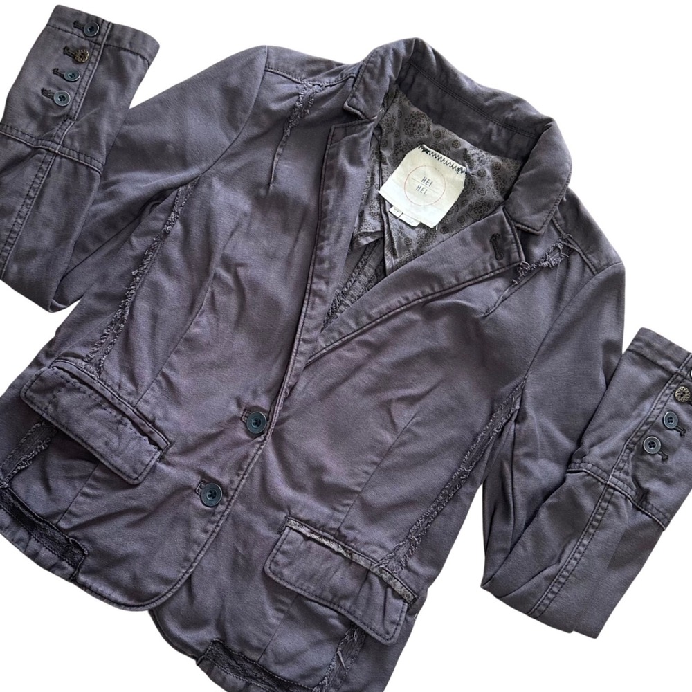 Hei Hei Denim Blazer Women XS (2) Charcoal Plaid Back Distressed Boho Raw Seams